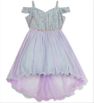 Vestido metálico com ombros descobertos para meninas, edição rara, roxo, tamanho 5