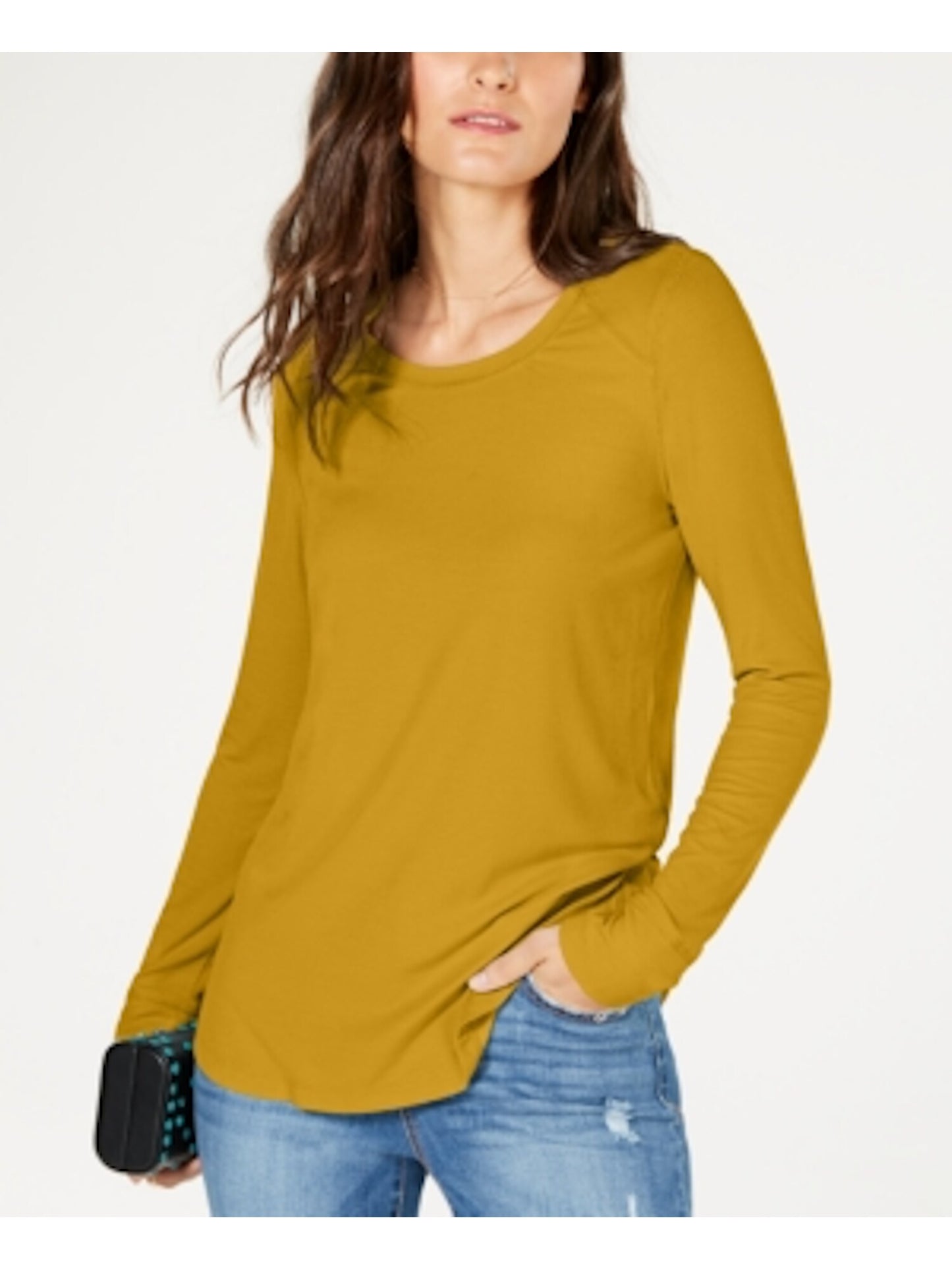 Camiseta feminina canelada de manga comprida INC International Concepts, amarela, tamanho X-S