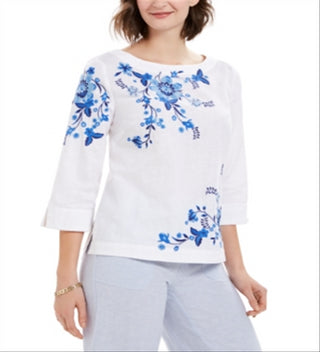 Blusa feminina bordada com manga dividida Charter Club, azul, tamanho XX-G
