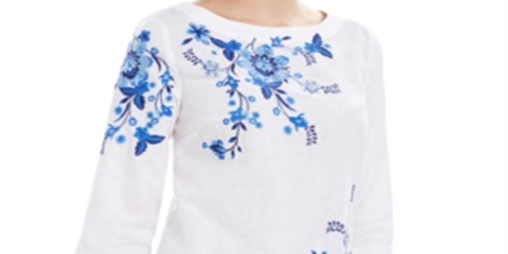 Blusa feminina bordada com manga dividida Charter Club, azul, tamanho XX-G