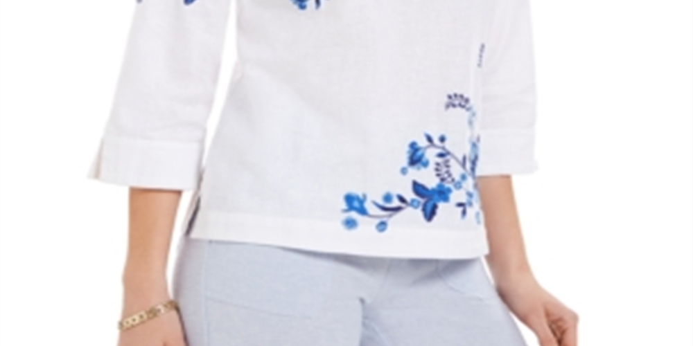 Blusa feminina bordada com manga dividida Charter Club, azul, tamanho XX-G