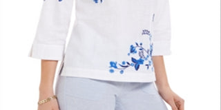 Blusa feminina bordada com manga dividida Charter Club, azul, tamanho XX-G