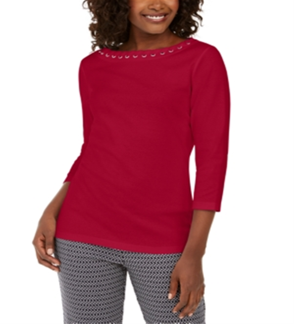 Karen Scott Top de algodão com acabamento em ilhós feminino, vermelho, tamanho pequeno