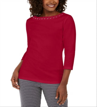 Karen Scott Top de algodão com acabamento em ilhós feminino, vermelho, tamanho pequeno