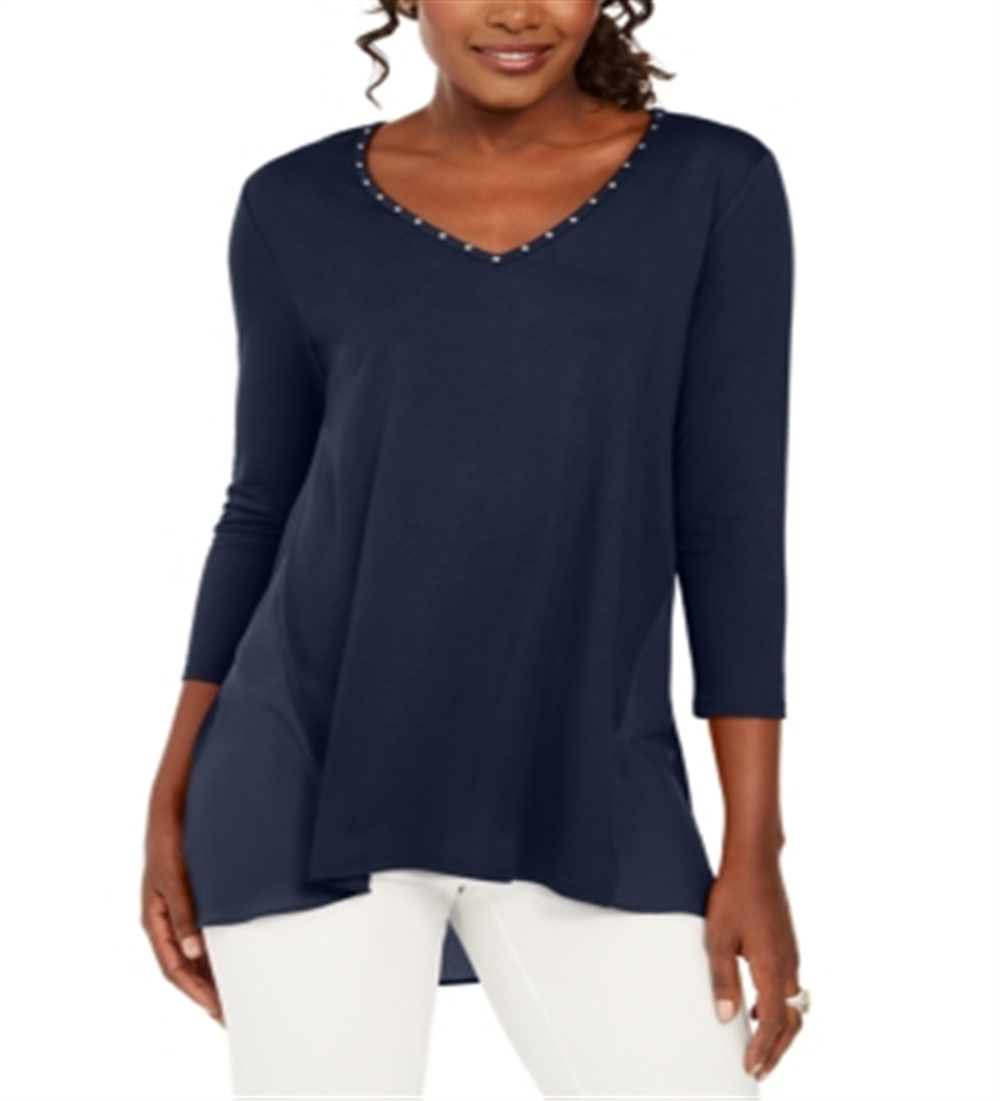 JM Collection Top Feminino Mixed Media Studs Azul Tamanho X-S