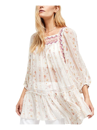 Blusa feminina estampada de manga comprida e gola alta, tamanho médio, branca, da Free People