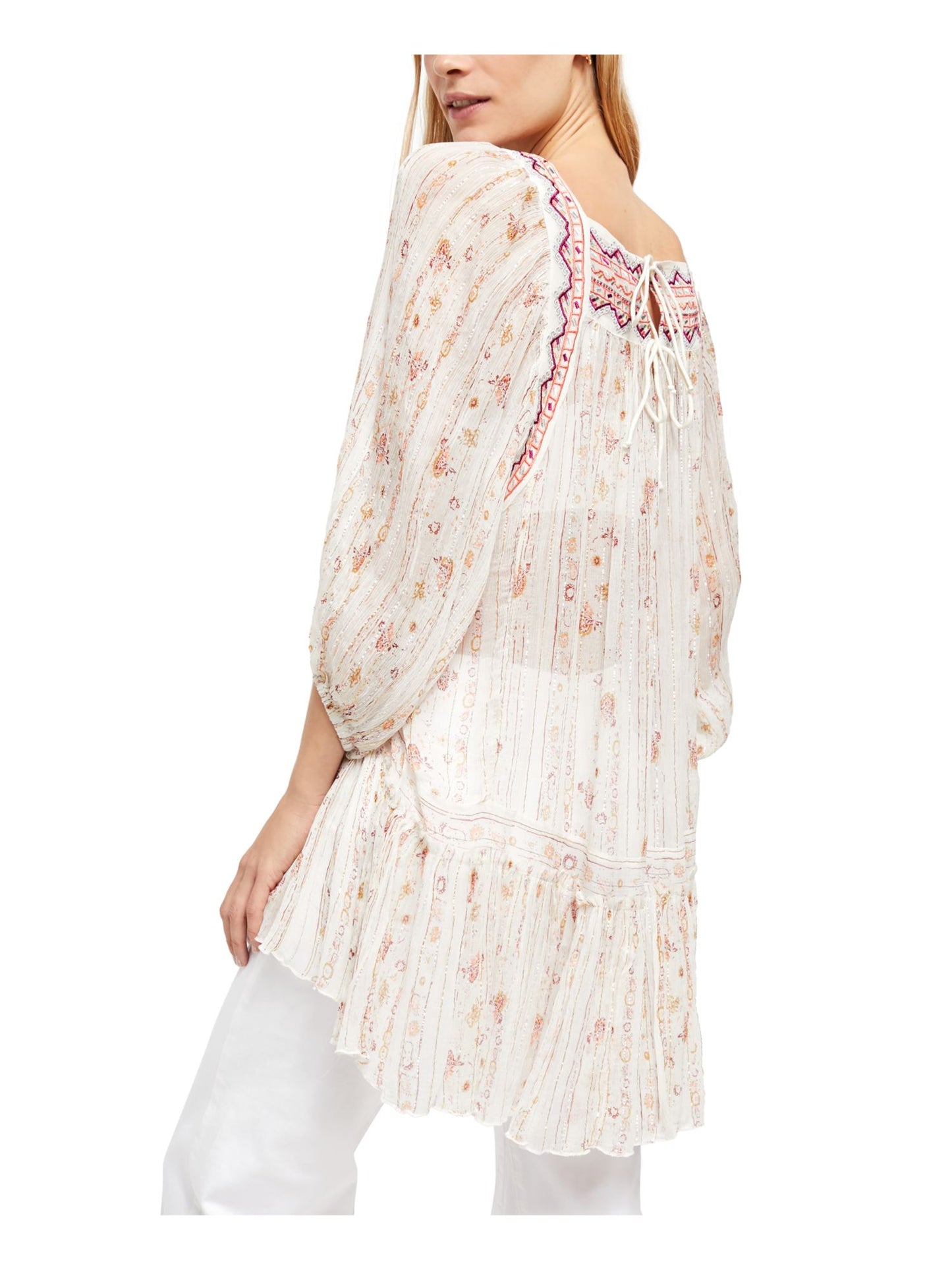 Blusa feminina estampada de manga comprida e gola alta, tamanho médio, branca, da Free People