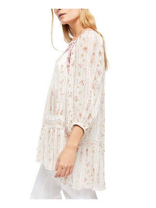Blusa feminina estampada de manga comprida e gola alta, tamanho médio, branca, da Free People