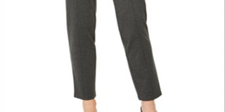 Calça feminina de malha ponte com acabamento em couro sintético JM Collection, cinza, tamanho pequeno