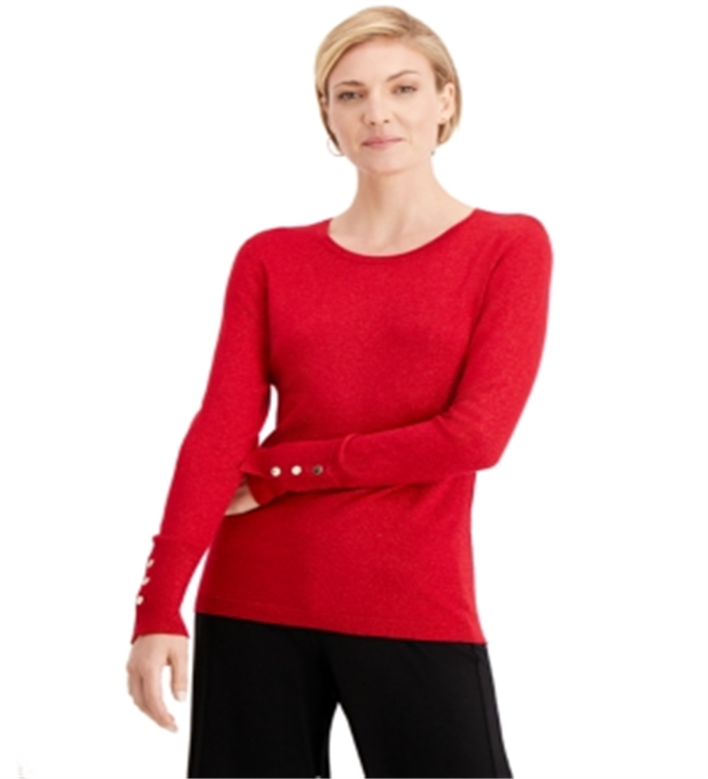 Suéter feminino metálico com gola redonda e punhos com tachas, tamanho pequeno, vermelho, da coleção JM