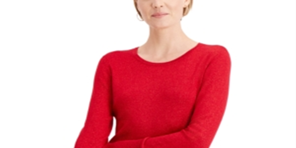 Suéter feminino metálico com gola redonda e punhos com tachas, tamanho pequeno, vermelho, da coleção JM