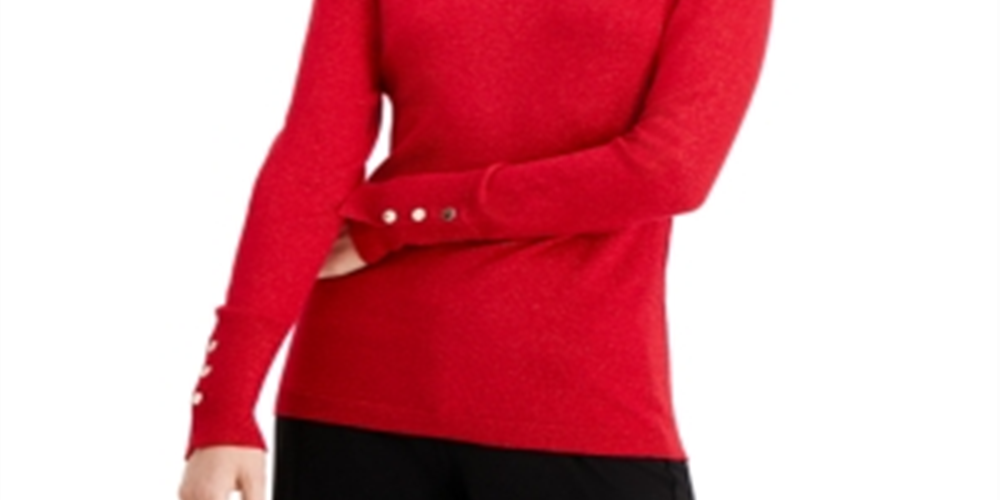 Suéter feminino metálico com gola redonda e punhos com tachas, tamanho pequeno, vermelho, da coleção JM