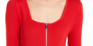 INC International Concepts Top feminino com zíper e manga comprida, gola quadrada, vermelho, tamanho pequeno