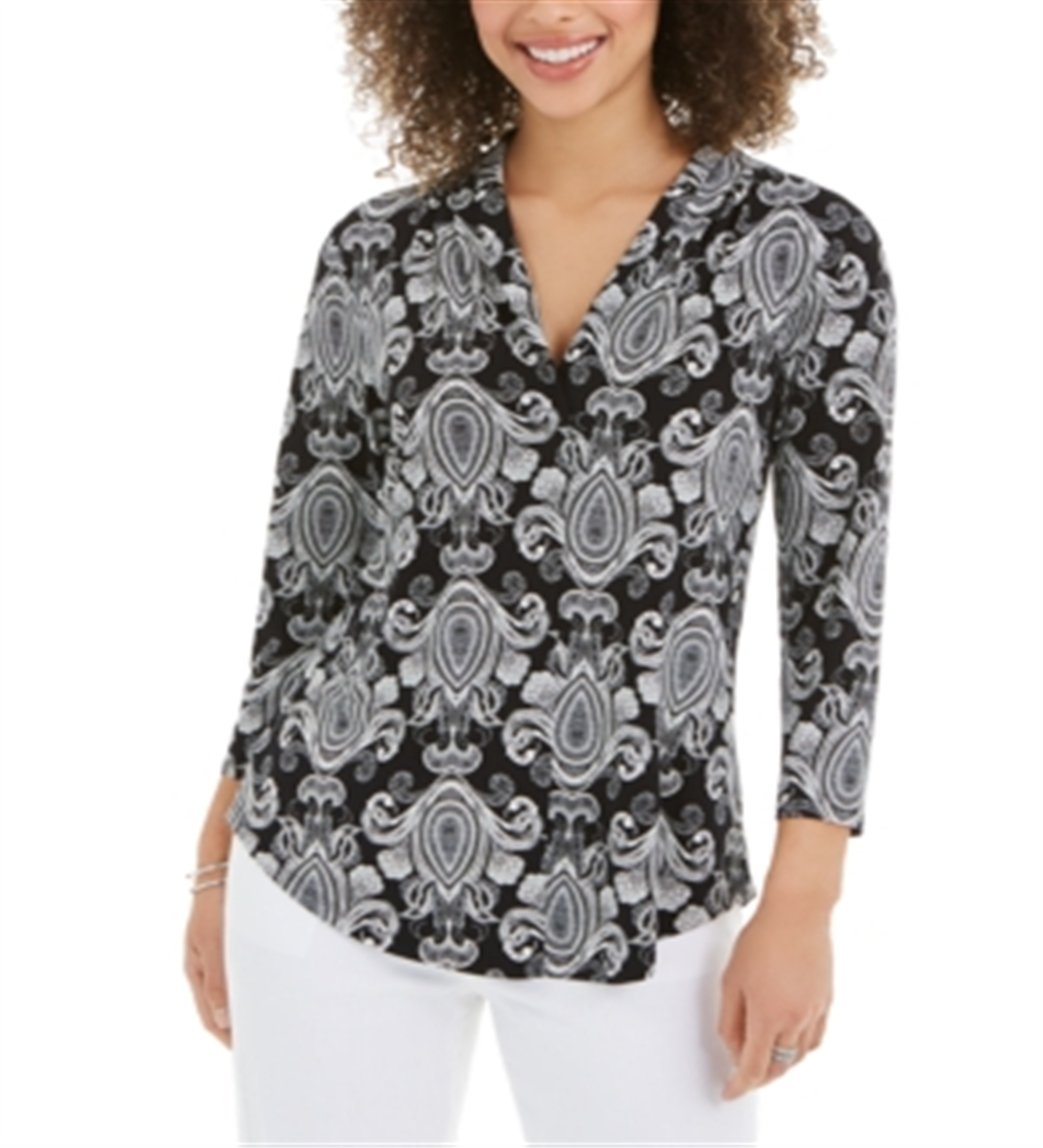 Top feminino estampado com decote em V, preto, tamanho pequeno, Charter Club