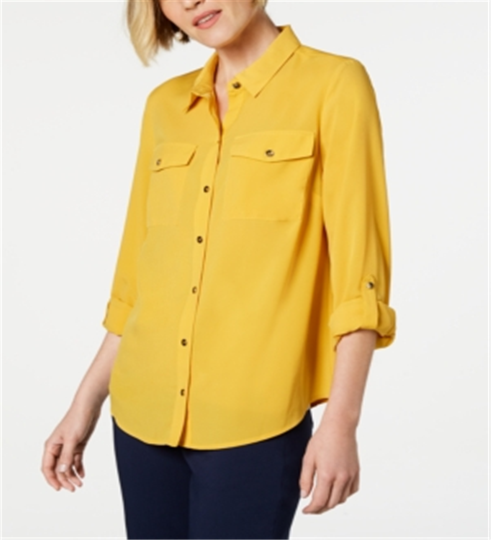 Camisa feminina Charter Club com dois bolsos, amarela, tamanho X-S