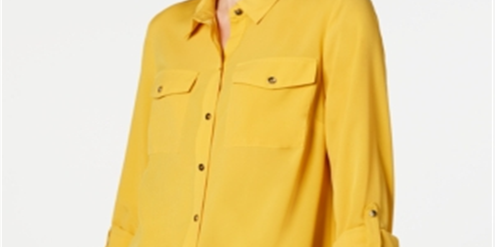 Camisa feminina Charter Club com dois bolsos, amarela, tamanho X-S