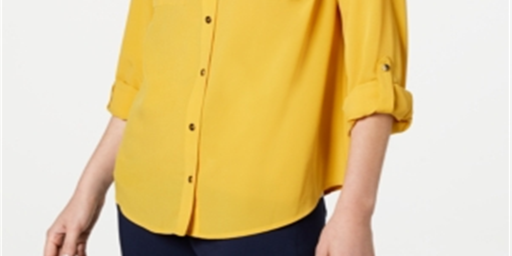 Camisa feminina Charter Club com dois bolsos, amarela, tamanho X-S