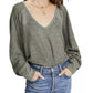 Blusa feminina de manga comprida com decote em V, verde, tamanho X-S