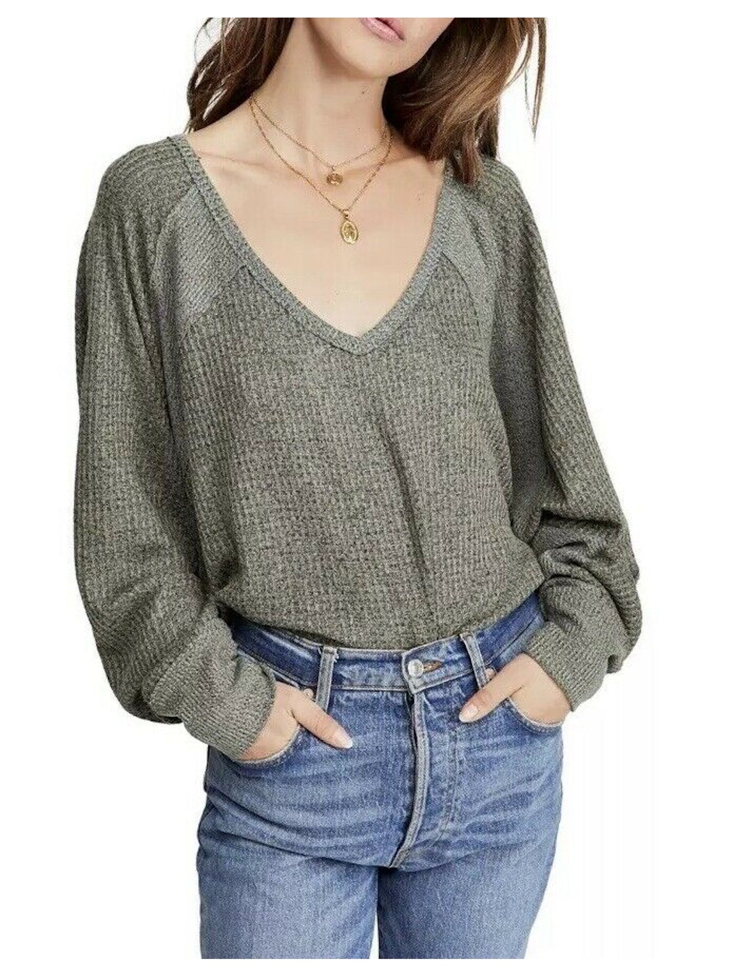 Blusa feminina de manga comprida com decote em V, verde, tamanho X-S