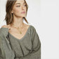 Blusa feminina de manga comprida com decote em V, verde, tamanho X-S