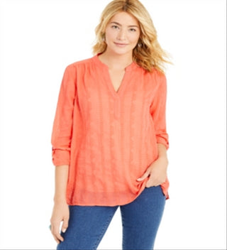 Style & Co Women's Textured V Neck Top Orange Size Large