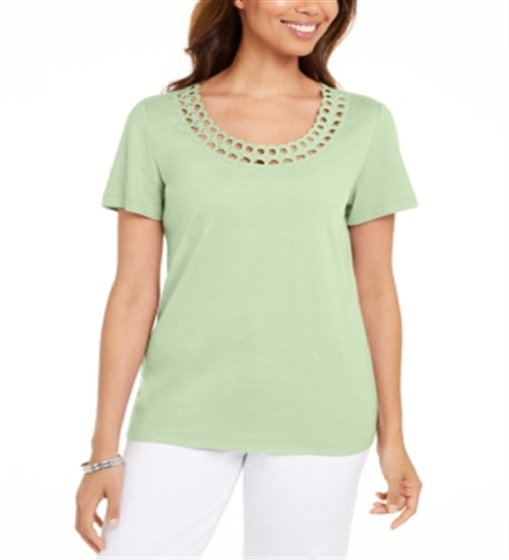 Camiseta feminina Karen Scott de algodão com gola recortada, verde, tamanho pequeno