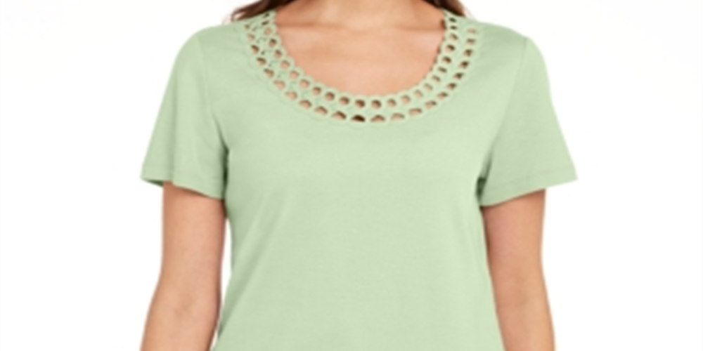 Camiseta feminina Karen Scott de algodão com gola recortada, verde, tamanho pequeno