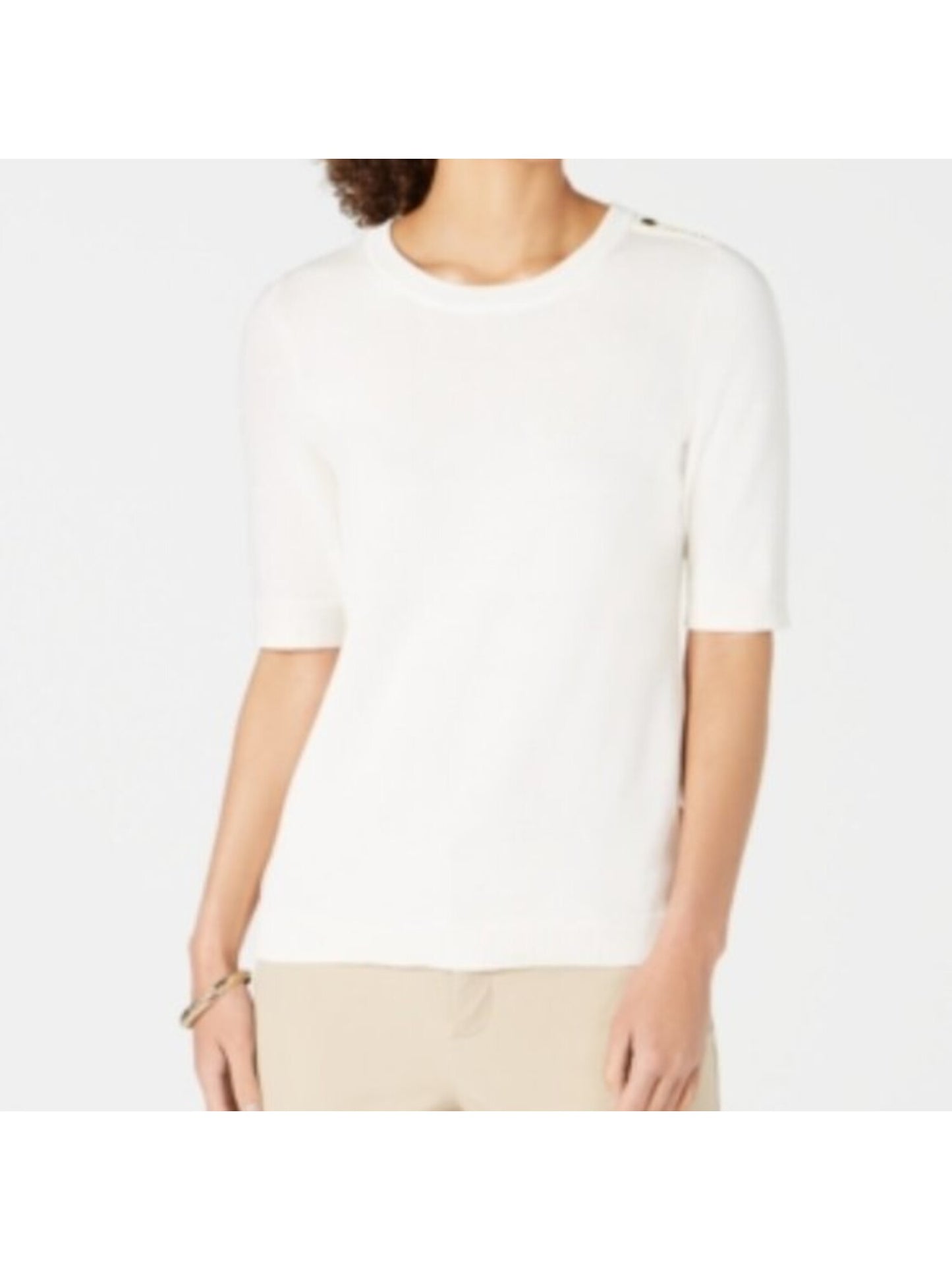 Suéter feminino Charter Club com detalhe de botão, manga 3/4, gola redonda, branco, tamanho extragrande