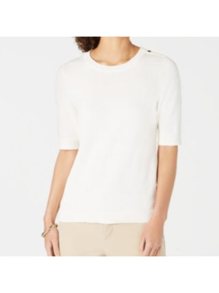 Suéter feminino Charter Club com detalhe de botão, manga 3/4, gola redonda, branco, tamanho extragrande