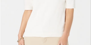 Suéter feminino Charter Club com detalhe de botão, manga 3/4, gola redonda, branco, tamanho extragrande