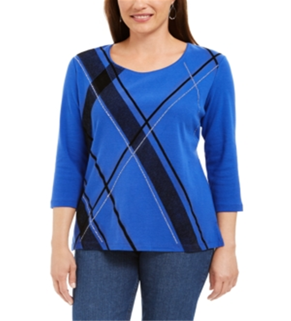 Karen Scott Blusa Feminina Estampada Gola Redonda Azul Tamanho Pequeno P/M