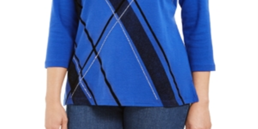 Karen Scott Blusa Feminina Estampada Gola Redonda Azul Tamanho Pequeno P/M