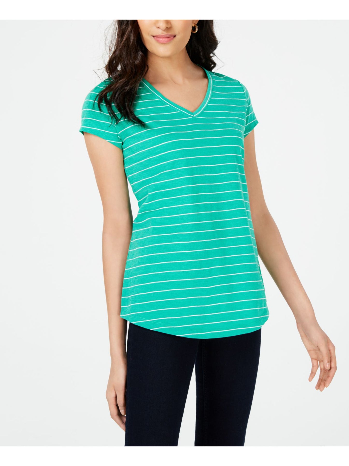 Blusa listrada feminina Maison Jules com manga curta e decote em V, verde, tamanho médio