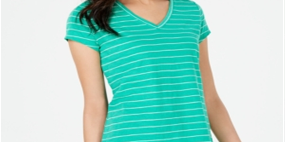 Blusa listrada feminina Maison Jules com manga curta e decote em V, verde, tamanho médio