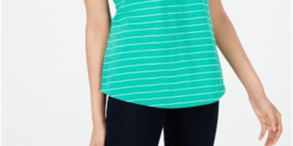 Blusa listrada feminina Maison Jules com manga curta e decote em V, verde, tamanho médio