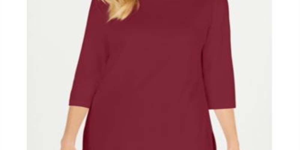 Karen Scott Blusa de malha feminina de algodão com decote canoa e manga 3/4, vermelha, tamanho X-S