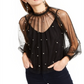 Blusa feminina de tule com decote simulado e detalhes em tule, preta, tamanho grande, da INC International Concepts