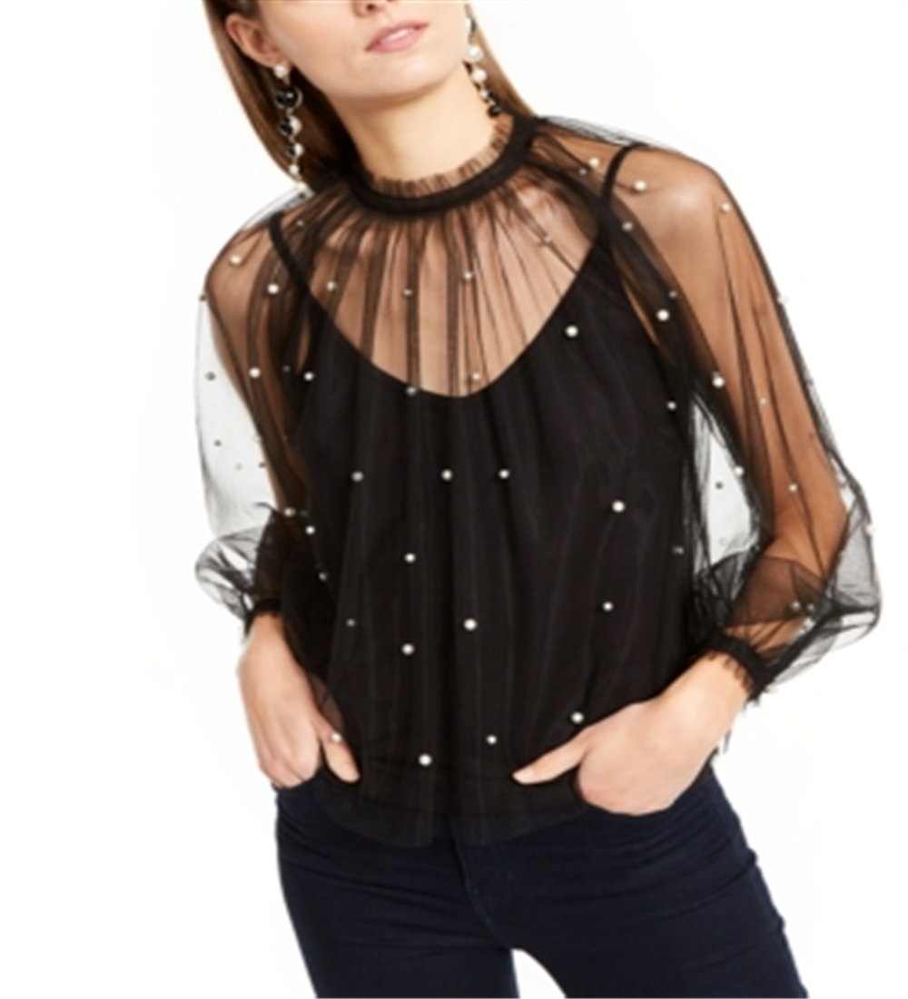 Blusa feminina de tule com decote simulado e detalhes em tule, preta, tamanho grande, da INC International Concepts