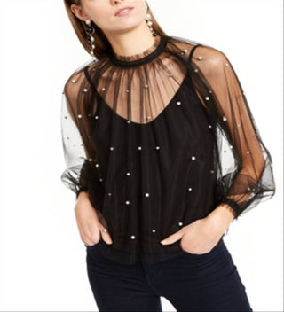 INC International Concepts Women's Embellished Tulle Mock Neck Top Black Size Large
