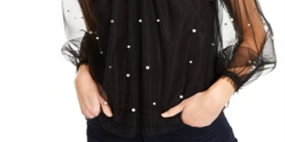 Blusa feminina de tule com decote simulado e detalhes em tule, preta, tamanho grande, da INC International Concepts