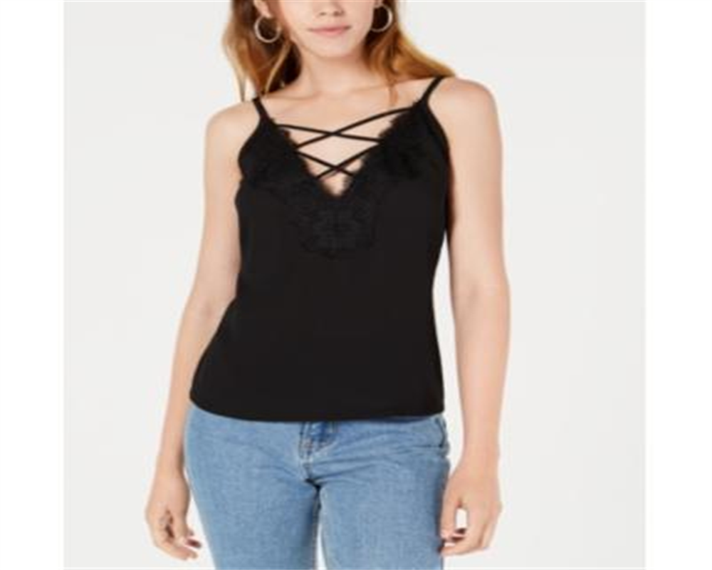 Camisola feminina Bar III com acabamento em renda e cruzado, preta, tamanho extrapequeno
