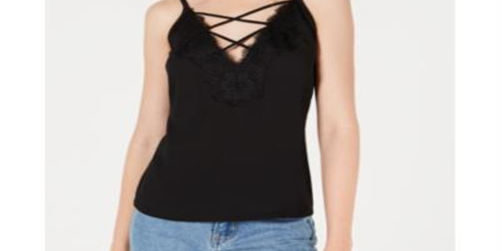 Camisola feminina Bar III com acabamento em renda e cruzado, preta, tamanho extrapequeno