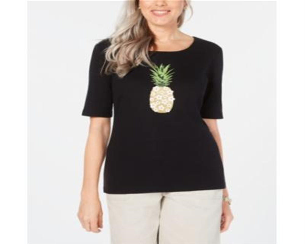 Camiseta feminina Karen Scott de algodão com estampa gráfica de abacaxi, preta, tamanho pequeno