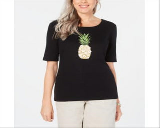 Camiseta feminina Karen Scott de algodão com estampa gráfica de abacaxi, preta, tamanho pequeno