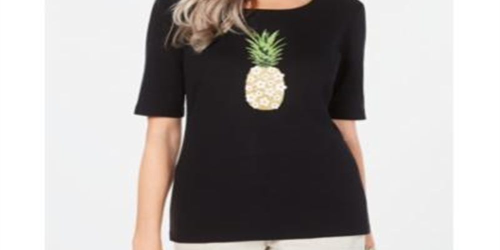 Camiseta feminina Karen Scott de algodão com estampa gráfica de abacaxi, preta, tamanho pequeno