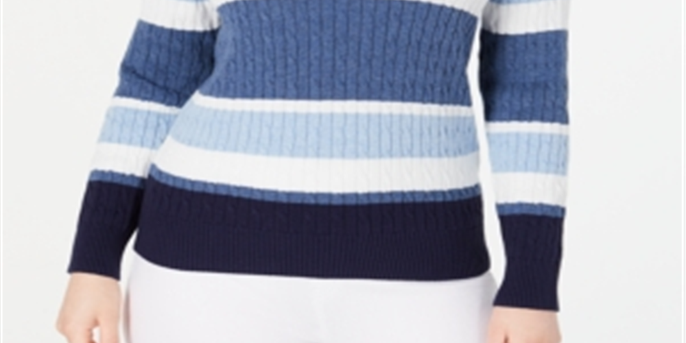Karen Scott Suéter Feminino Listrado de Algodão em Tricô Azul Combinado Tamanho Pequeno P/M