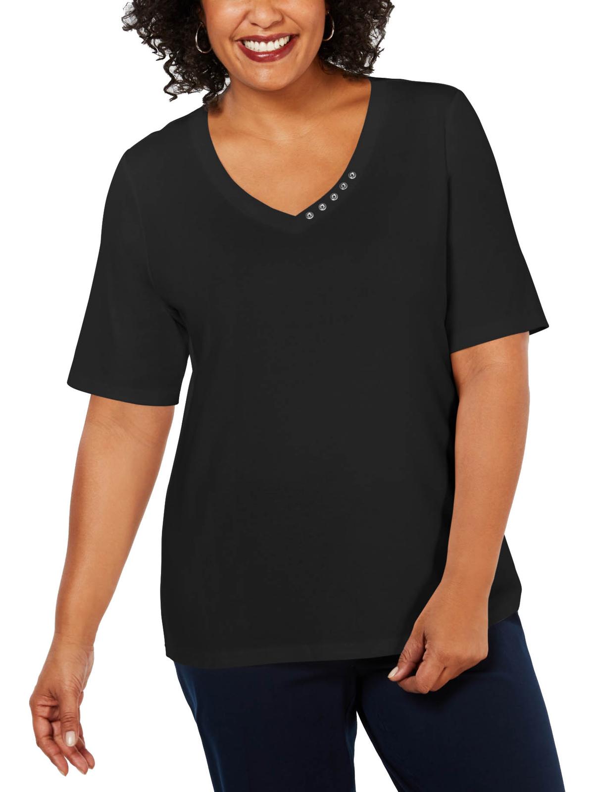 Camiseta feminina Karen Scott, manga curta, gola V, preta, tamanho 0X