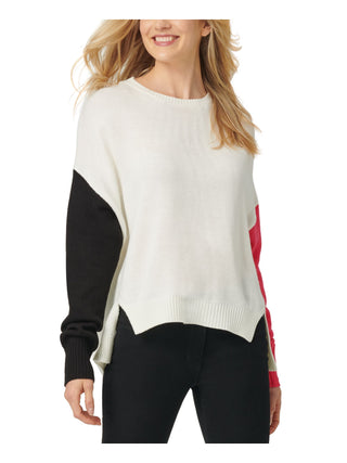 Suéter feminino DKNY de manga comprida e gola redonda, branco, tamanho pequeno