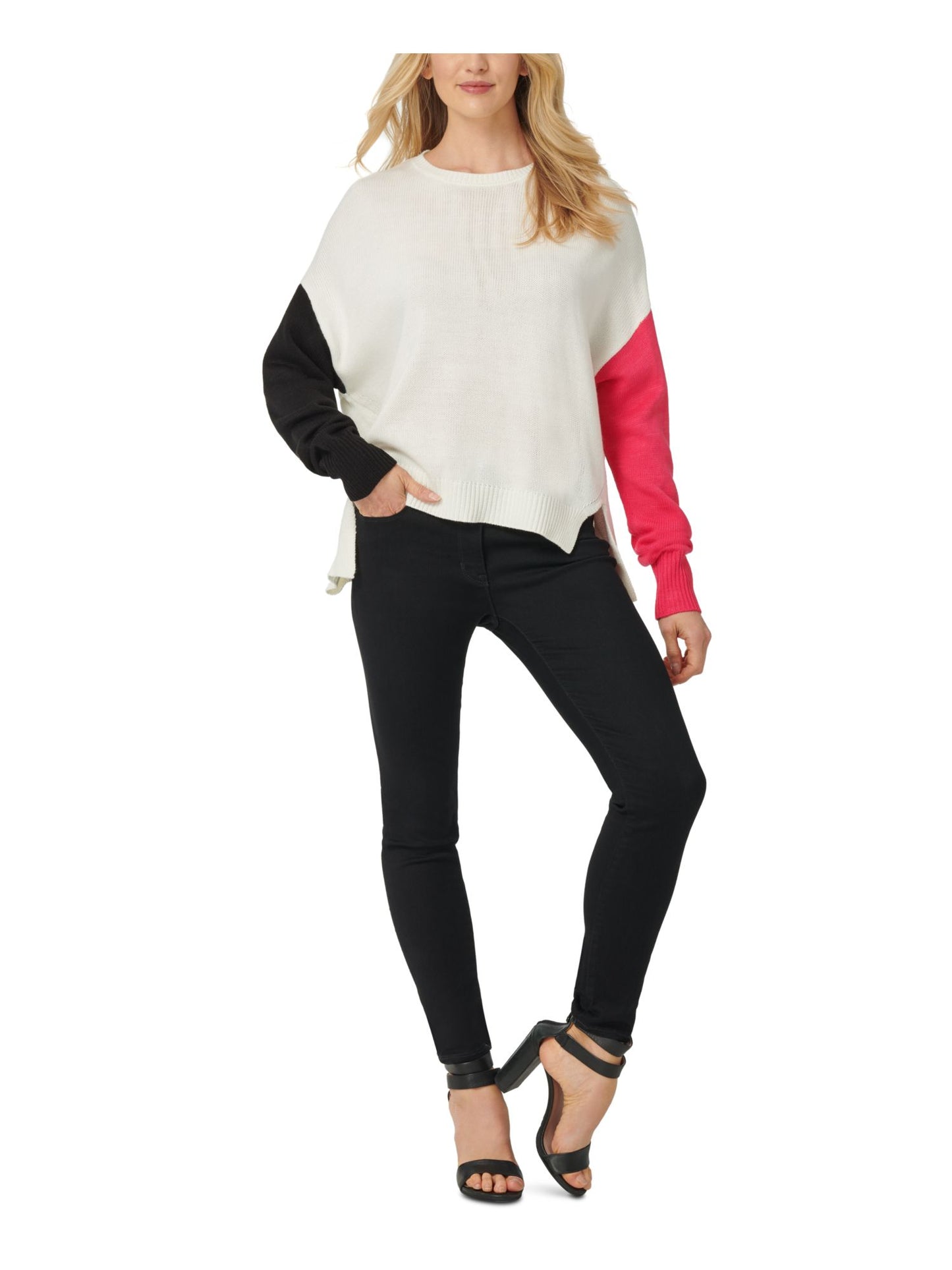 Suéter feminino DKNY de manga comprida e gola redonda, branco, tamanho pequeno