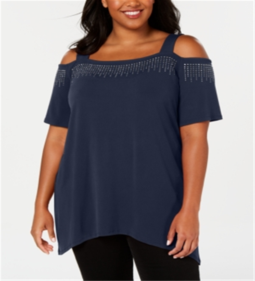 JM Collection Top feminino com ombros descobertos e detalhes em azul, tamanho 0X